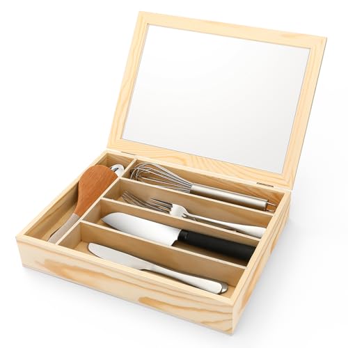 Baderke Silverware Storage Box with Lid Kitchen Drawer Organizer Utensil Organizer with Lid 5 Slots Wooden Silverware Storage Case Silverware Container Tray for Kitchen Cutlery Countertop