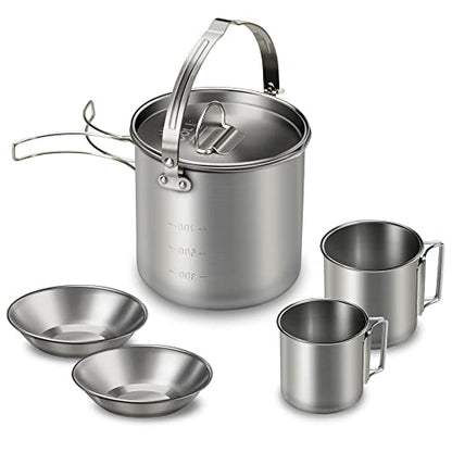 Lixada 5PCS Camping Cookware Set Stainless Steel 1.2L Camping Pot with 2 Cups & 2 Bowls, Lightweight Portable Backpacking Pot with Foldable Handles & Lid for Outdoor Cooking Hiking Picnic