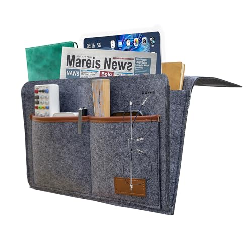 Bedside Caddy, Sofa Caddy, Storage Organizer Pocket for Dorm, Bedroom, 5 Pockets Felt Organizer for Magazine, Remote, Phone, Tablet, Pad, Glasses, Pen, Remote Control (Grey-Short) - color: Grey-Short