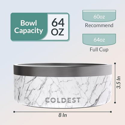 Coldest Dog Bowl - Anti Rust Metal, Non Slip, 3 Layers Insulated Stainless Steel Dog Bowls - Spill Proof & Heavy Duty - Water Bowl for Dogs, Cats & Pets, Dish Washer Safe (64 oz, Carrara Marble) - color: Carrara Marble, size: 64 oz