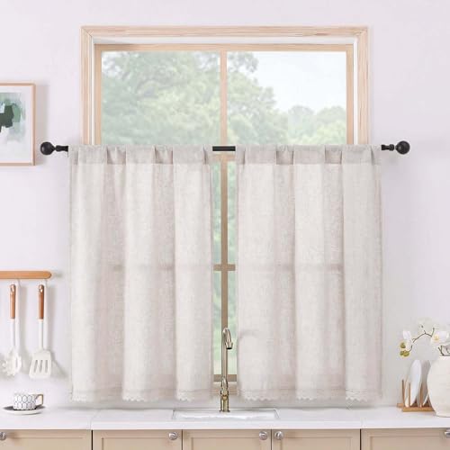 Chyhomenyc Lace Short Kitchen Curtains 36 Inch Length - Light Filtering Faux Linen Living Room Half Window Curtains, Farmhouse Vintage Boho Curtain for Bathroom Cabinet, 26Wx36L, 2 Pieces, Natural - color: Natural, size: 26"W x 36"L (Pack of 2)