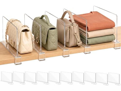 Shelf Dividers Purse Organizer for Closet: 6-inch Tall(Shorter Version) Acrylic Handbag Organizer - Small Space Separator for Clutches Evening Bags Pouches Mini-bags on Wood Shelves 10-Pack - color: Clear:10-pack, size: Small: 6" Tall X 10" Deep