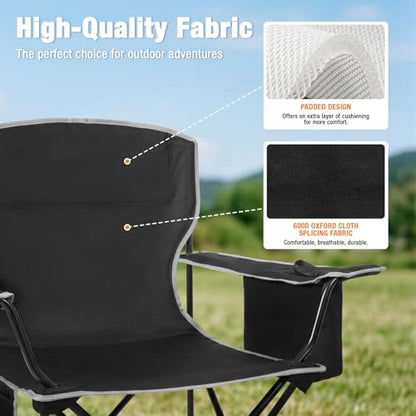 Romswi 2 Pack Lightweight Camping Chairs for Adults, Folding Outdoor Chair with 4-Can Cooler Bag, Collapsible Chair with Cup Holder for Camping, Beach, Lawn, Fishing, Black - color: Black, style: Large