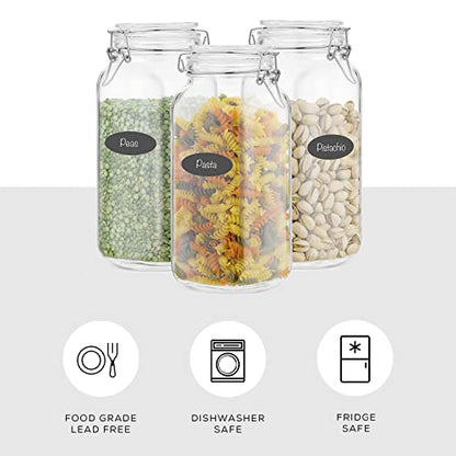 JoyJolt Airtight Glass Jars with Lids Set of 3. 78oz Glass Jar with Lid and 6 Silicone Seals! Large Glass Food Storage Containers. Square Mason Jar, Candy Jar, Flour Jar, Pasta Containers for Pantry
