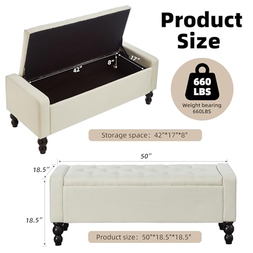 50" W Storage Ottoman Bench with Safety Hinge, Load up to 660 lb Ottoman with Storage, Upholstered Tufted Entryway Bench with Seating for Living Room, Bedroom, (Beige) - color: Beige