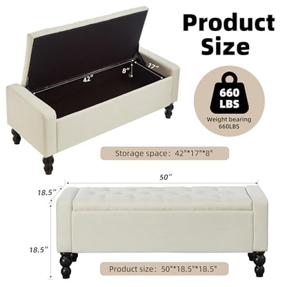 50" W Storage Ottoman Bench with Safety Hinge, Load up to 660 lb Ottoman with Storage, Upholstered Tufted Entryway Bench with Seating for Living Room, Bedroom, (Beige) - color: Beige