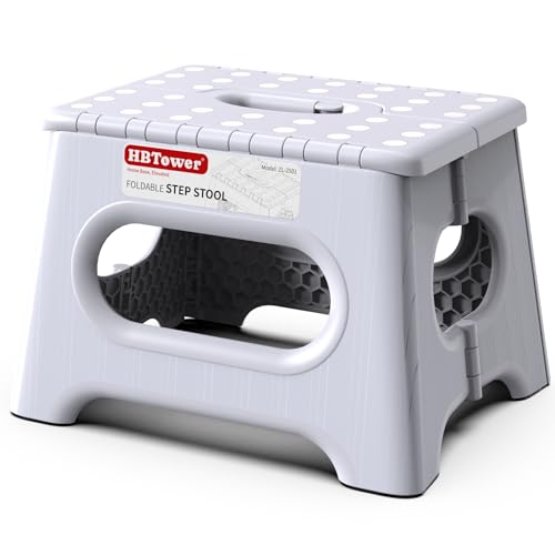 HBTower Folding Step Stool 9 Inch - Holds 600 lb, Non-Slip Surface & Carry Handle - Sturdy Step Stool for Kids, Toddlers & Adults - Compact Foldable Foot Stool for Kitchen, Bathroom, Bedroom(White) - color: White