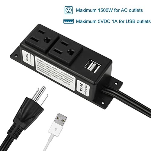 Litever Gun Safe Power Outlet Strip with 2 USB Ports. 10 FT Flat AC Cable with Removable 3-Prong Plugs. Outlet Accessory for Gun Safe, Cabinets, Closet, Drawer. Black. Certified