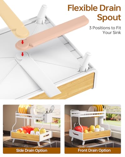 Urackify 2-Tier Dish Drying Rack, Large Stainless Steel & Bamboo Dish Rack for Kitchen Counter, Dish Drainers with Adjustable Automatic Spout, Drying Rack Kitchen with Utensil Holder, White - color: White, size: 2 Tier