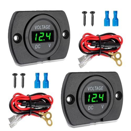 2 Pack DC 12V 24V Waterproof Car Voltmeter with Green LED Digital Display Panel and Mounting Plate Round Voltage Gauge Meter with Terminal for Boat Marine Motorcycle Truck(Green Light) - color: Green