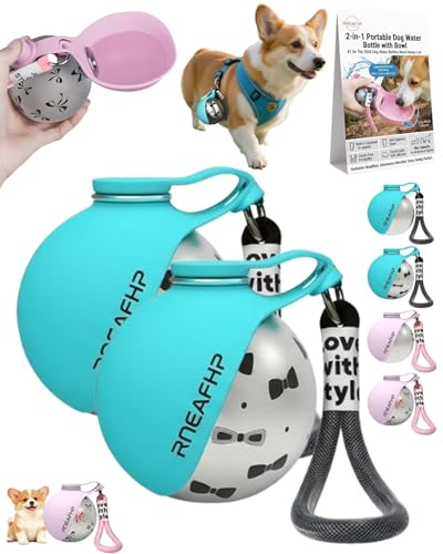 Dog Water Bottle with Bowl 2-in-1 Portable Leak Proof 10 OZ Puppy Travel Drink Dispenser for Large Medium Small Breeds Stainless Steel Hydration Tumbler Buddy Cup for Dogs Pets Outdoor(2Blue B) - color: 2Blue B