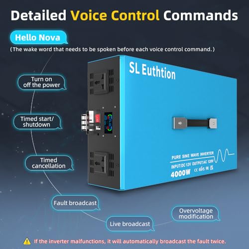 4000W Pure Sine Wave Power Inverter Voice Control AI Voice Assistant Support English 12V to 120V 60HZ with LCD Display, USB Port, for Car Home Laptop Truck - size: 4000W-12V