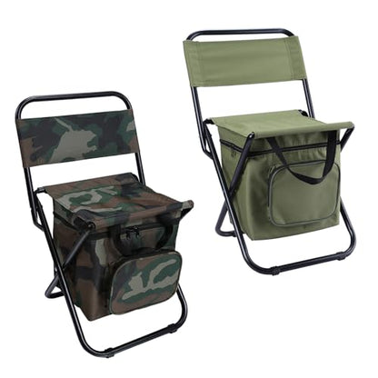 LEADALLWAY Fishing Chair with Cooler Bag Compact Fishing Stool Foldable Small Hunting Chair 12.2" Seat Depth,12.6" Seat Width - color: Green+camouflage