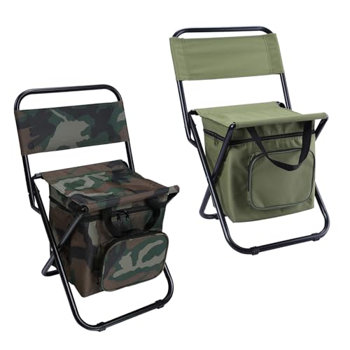 LEADALLWAY Fishing Chair with Cooler Bag Compact Fishing Stool Foldable Small Hunting Chair 12.2" Seat Depth,12.6" Seat Width - color: Green+camouflage