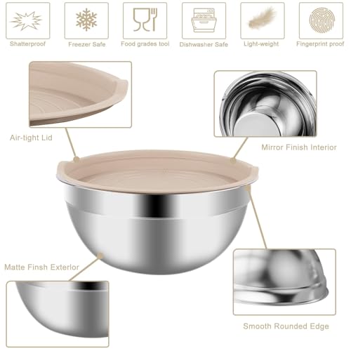 WEPSEN Mixing Bowls Set, 25PCS Khaki Mixing Bowls With Lids Set Stainless Steel Kitchen Large Nesting Metal Bowl 7QT to 1.5QT, Measuring Cups and Spoons for Prepping Cooking Serving - color: Khaki Bowls Set