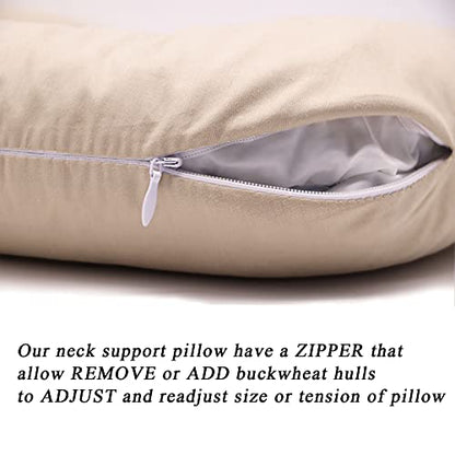 Buckwheat Neck Pillow for Sleeping U Shaped Pillow Cooling Travel Head Support Pillow for Neck Pain Relief Side Sleepers Buckwheat Hulls Concealed Zipper (12x12 inch, Light-tan) - color: Plain-lighttan