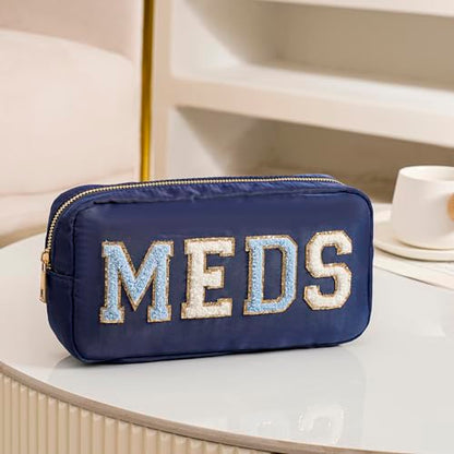 Chenille Letter Patch Nylon Medicine Packages,Cute MEDS Travel Makeup Bag with Metal Zipper, First Aid Purse Organizer Cosmetic Bag for Women and Girls(03Navy) - color: 03Navy
