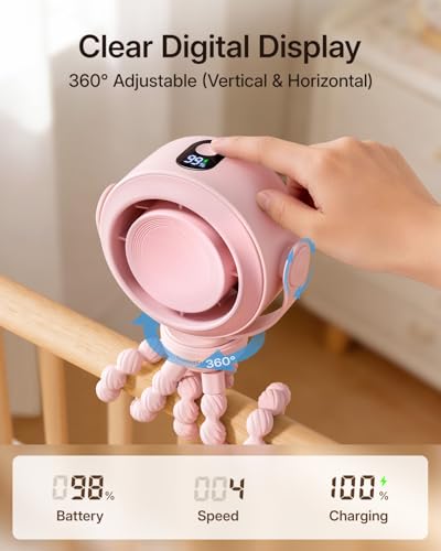 SWEETFULL Portable Stroller Fan, Pinch-Proof Baby Fan, 5-Speed Quiet Mini Clip on Fan, USB-C Rechargeable Battery, LED Display for Car Seat, Crib & Travel - Pink - color: Pink