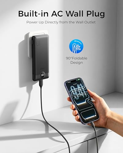 VEGER Portable Charger with Built-in AC Plug and Cables, All in One 10000mAh Ultra Slim Power Bank Travel Essentials, USB C External Battery Pack Compatible with iPhone, Samsung, Android, Black - color: A Black