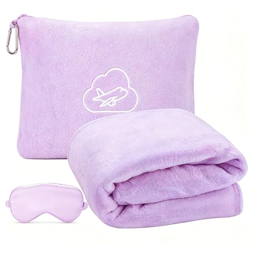 Travel Blanket Pillow,Airplane Blanket Compact with Bag Eye Mask, Ultra-Soft,Warm & Lightweight Included,Travel Essentials for Women & Men, Luggage Sleeve & Backpack Clip 65x40 in,Purple - color: Pastel Purple