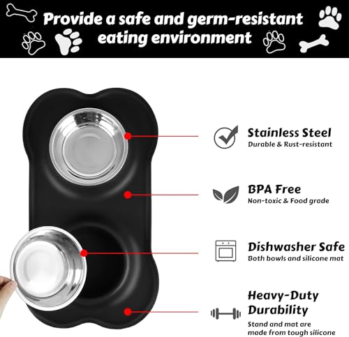 Dog Bowls Stainless Steel Dog Food Water Bowl Set with Stand, Feeding Bowls No Spill Non-Skid Silicone Mat, Dog Dishes for Small Medium Large Size Dog Puppy Pet Food Bowls, Black, 4 Cup - size: Large/38oz each