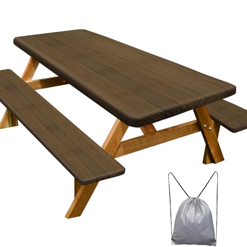 Play Tailor Picnic Table Cover with Bench Covers Camping Essentials Waterproof Windproof Camping Tablecloth with Drawstring Bag, Fitted Rectangle Tables and Seats, 72in, Dark Brown - color: Dark Brown, size: 72in