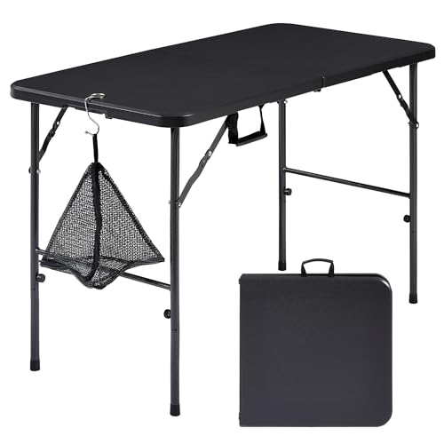 VECELO Folding Table 4 Foot with Mesh Bag, Indoor Outdoor Heavy-Duty Portable w/Handle,Fold-in-Half for Picnic, Party, Camping, Matte Black - color: Matte Black, size: 47.2 in Rectangular Folding Table