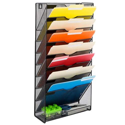EASEPRES Desk File Organizer Mesh 9-Tier, Hanging Wall Mount Document Organization Stand, Desktop Vertical Mail Paper Folder Holder Rack with Bottom Tray for Office Home Cubicle Countertop, Black - color: Black, size: 8 Tier Upgrade