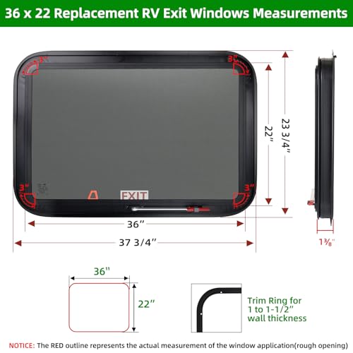 RV Exit Window Replacement, 36" W x 22" H Camper RV Emergency Window for Cargo Trailer Camper Van Truck with Net Screen&Trim Ring for 1" or 1-1/2" Wall Thickness,DOT Approved - size: 36"W x 22"H