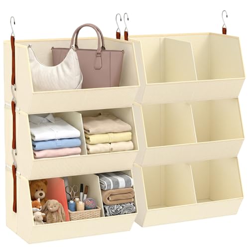 3-Tier Hanging Closet Organizer, Extra Large Fabric Closet Shelves with Zipper, Foldable Closet Storage Organizer for Clothes, Handbags, Socks, Underwear, Dorm Room and RV, Beige - 2 Pack - color: Beige, size: 2-Pack