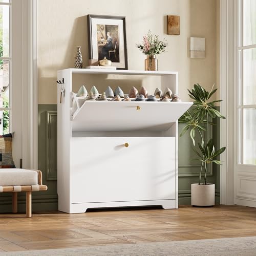 Nicetree Shoe Cabinet with 2 Flip Drawers, Narrow Shoe Organizer Cabinet, Freestanding Shoe Rack Cabinet, Modern Shoe Storage Cabinet for Entryway, Hallway, Foyer, White - color: White, style: 2-Drawers