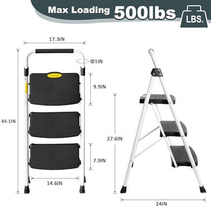SocTone 3 Step Ladder, Folding Step Stool for Adults with Handle, Lightweight, Perfect for Kitchen& Household, 500lbs Capacity Sturdy Steel Ladder White - size: 3-Step