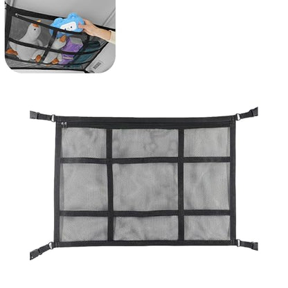 Upgrade Car Ceiling Cargo Net Pocket, 31.5" x 20.87" Strong Load Car Roof Storage Organizer, Double-Layer Mesh Camping Overlanding Gear Must Haves Cargo Net, Universal Road Trip Accessories