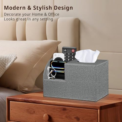 Square Multi-Functional Tissue Box Cover with Storage and Remote Control Holder - Cube Tissue Box Organizer for Bathroom, Nightstand, End Table - color: Grey