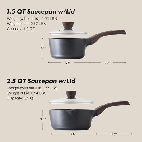 SENSARTE 1.5 & 2.5 Quart Sauce Pan Sets with Lid, Cooking Pots Set, Nonstick Saucepan Set with Pour Spout, Small Kitchen Pot, Non toxic Saucepot, Induction Comptable, Easy to Clean, PFOA Free - color: Classic Black, size: 1.5 + 2.5 Quarts