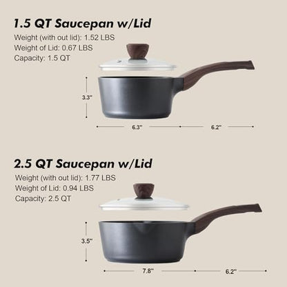 SENSARTE 1.5 & 2.5 Quart Sauce Pan Sets with Lid, Cooking Pots Set, Nonstick Saucepan Set with Pour Spout, Small Kitchen Pot, Non toxic Saucepot, Induction Comptable, Easy to Clean, PFOA Free - color: Classic Black, size: 1.5 + 2.5 Quarts