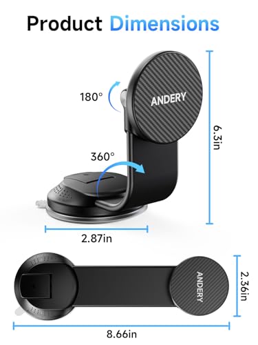 ANDERY Car Phone Holder for MagSafe [360° Adjustable Memory Alloy Arm | 2400gf Strongest Magnetic Power] Bendable Car Mount, Phone Holders for Your Car for iPhone 17-12 Pro Max Air Plus All Smartphone