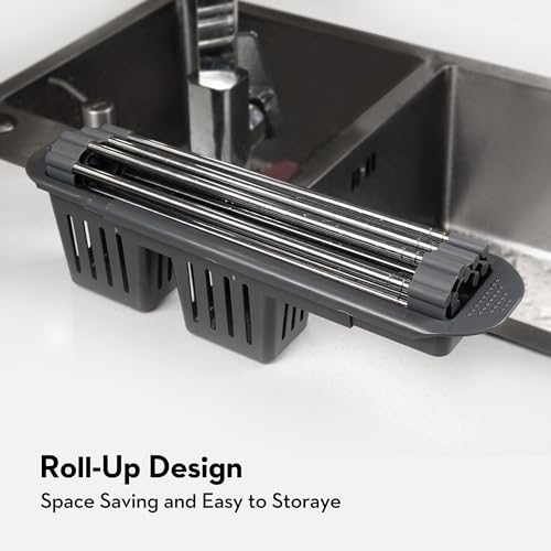 Roll Up Dish Drying Rack Over The Sink, 304 Stainless Stee Dish Drainer, Foldable & Adjustable Sink Drying Rack for Kitchen Sink Counter with Utensil Holder (Gray, Roll Up,Medium,Expandable) - size: Medium