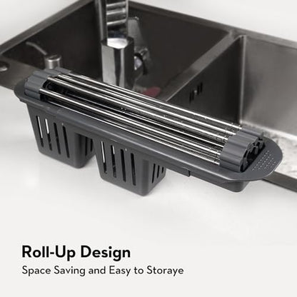 Roll Up Dish Drying Rack Over The Sink, 304 Stainless Stee Dish Drainer, Foldable & Adjustable Sink Drying Rack for Kitchen Sink Counter with Utensil Holder (Gray, Roll Up,Medium,Expandable) - size: Medium