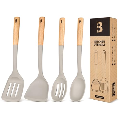 Silicone Cooking Utensils Set, Perfectly Angled for Frying, Mixing,Serving,Draining,Turning and Stirring, BPA-Free Matte Silicone, Wood Handles, Safe for Nonstick Cooking Surfaces,4 Pack (Khaki) - color: Khaki