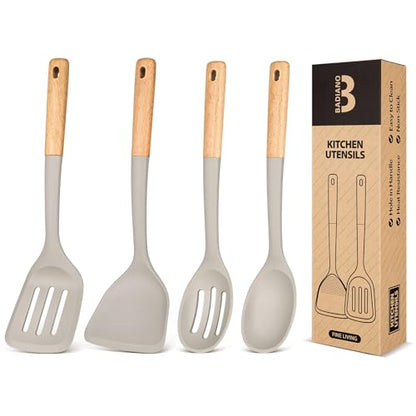 Silicone Cooking Utensils Set, Perfectly Angled for Frying, Mixing,Serving,Draining,Turning and Stirring, BPA-Free Matte Silicone, Wood Handles, Safe for Nonstick Cooking Surfaces,4 Pack (Khaki) - color: Khaki