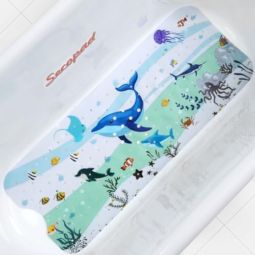 Secopad Bath Mat for Tub Non Slip, Machine Washable Anti-Slip Cartoon Baby Bathtub Shower Mat with Drain Holes and Suction Cups for Toddler & Kids (40 Inch x 16 Inch-Rectangular, Blue Dolphine) - color: Blue Dolphine, size: 40" x 16" (Rectangular)