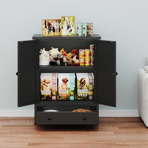 Dog Feeding Station with Storage, Metal Dog Food Storage Cabinet with 2 Elevated Bowls and 3 Hooks, Pet Feeding Station and Food Storage Organizer, Black - size: Metal Black