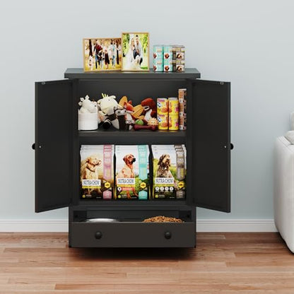 Dog Feeding Station with Storage, Metal Dog Food Storage Cabinet with 2 Elevated Bowls and 3 Hooks, Pet Feeding Station and Food Storage Organizer, Black - size: Metal Black