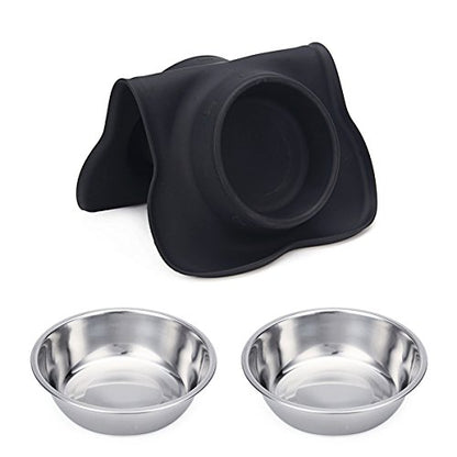 Hubulk Pet Dog Bowls 2 Stainless Steel Dog Bowl with No Spill Non-Skid Silicone Mat + Pet Food Scoop Water and Food Feeder Bowls for Feeding Small Medium Large Dogs Cats Puppies (S, Black) - color: Black, size: Small