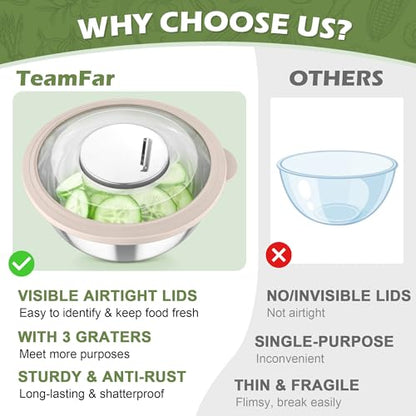 TeamFar Mixing Bowls, 3PCS Stainless Steel Serving Salad Bowls with Lids & 3 Graters, For Kitchen Mixing/Baking/Storing/Prepping, Visible & Airtight, Easy Clean - 4.5/3 / 1.5 QT, Khaki - color: Khaki, style: Transparent Airtight Lids