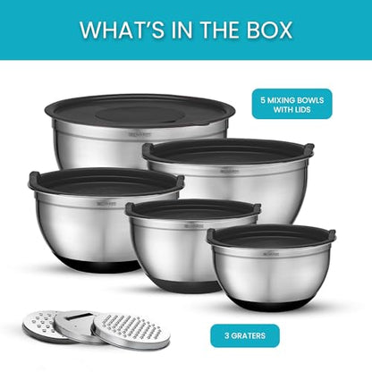 Belwares Mixing Bowls with Lids Set of 5 - Stainless Steel Mixing Bowl Set, Kitchen Nesting Metal Bowls with Non Slip Bottoms + 3 Grater Attachments, Airtight Lids, Food Prep + Storage, Matte Black - color: Matte Black, size: 5-Piece