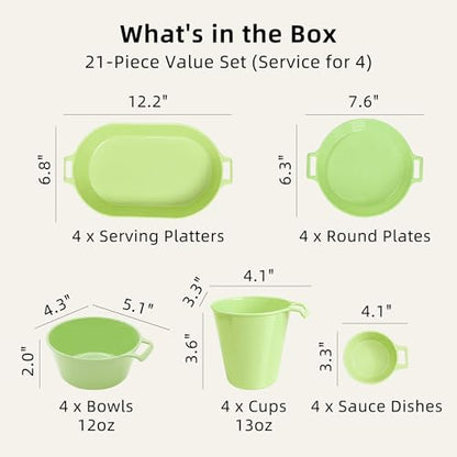 Dinnerware Set for 4, 21-Piece Unbreakable Plates and Bowls Set with Mesh Bag, Cups, Sauce Dishes and Serving Platters, Lightweight Outdoor Dish Set for Picnic, RV, Patio, BBQ, Sage Green - color: Sage Green