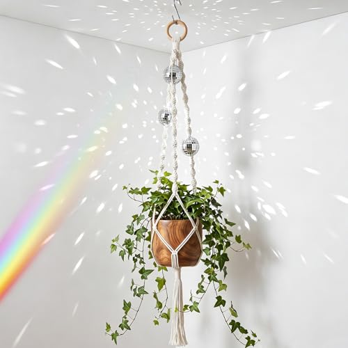 Shappy 1 Pack Boho Macrame Plant Hanger, Large Hanging Planter Plant Holder Pot Hanger Hanging Basket Wall Planters, Plants Lover Gift for Indoor Garden (Disco Ball,White) - color: White, size: Disco Ball