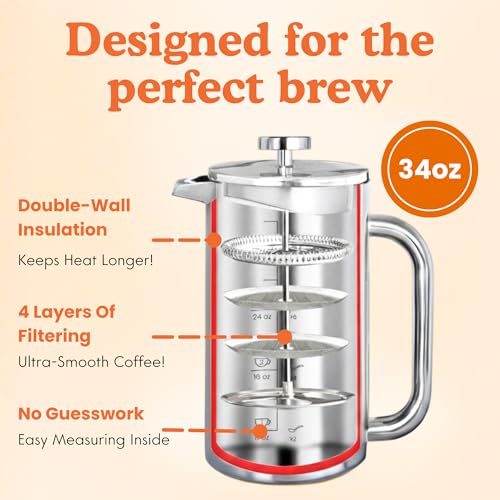 Ziruma Non-Toxic Stainless Steel French Press, Plastic-Free, 34 oz | Surgical-grade steel, heavy metal-free. 4-layer filter, grit-free. Double-wall insulated coffee maker, stays hot. Portable.